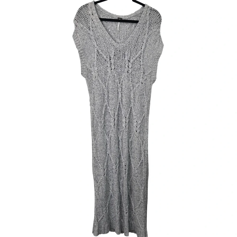 Free People Sweater‎ Dress Size S Small Gray Cable Chunky Knit Wool Angora Blend